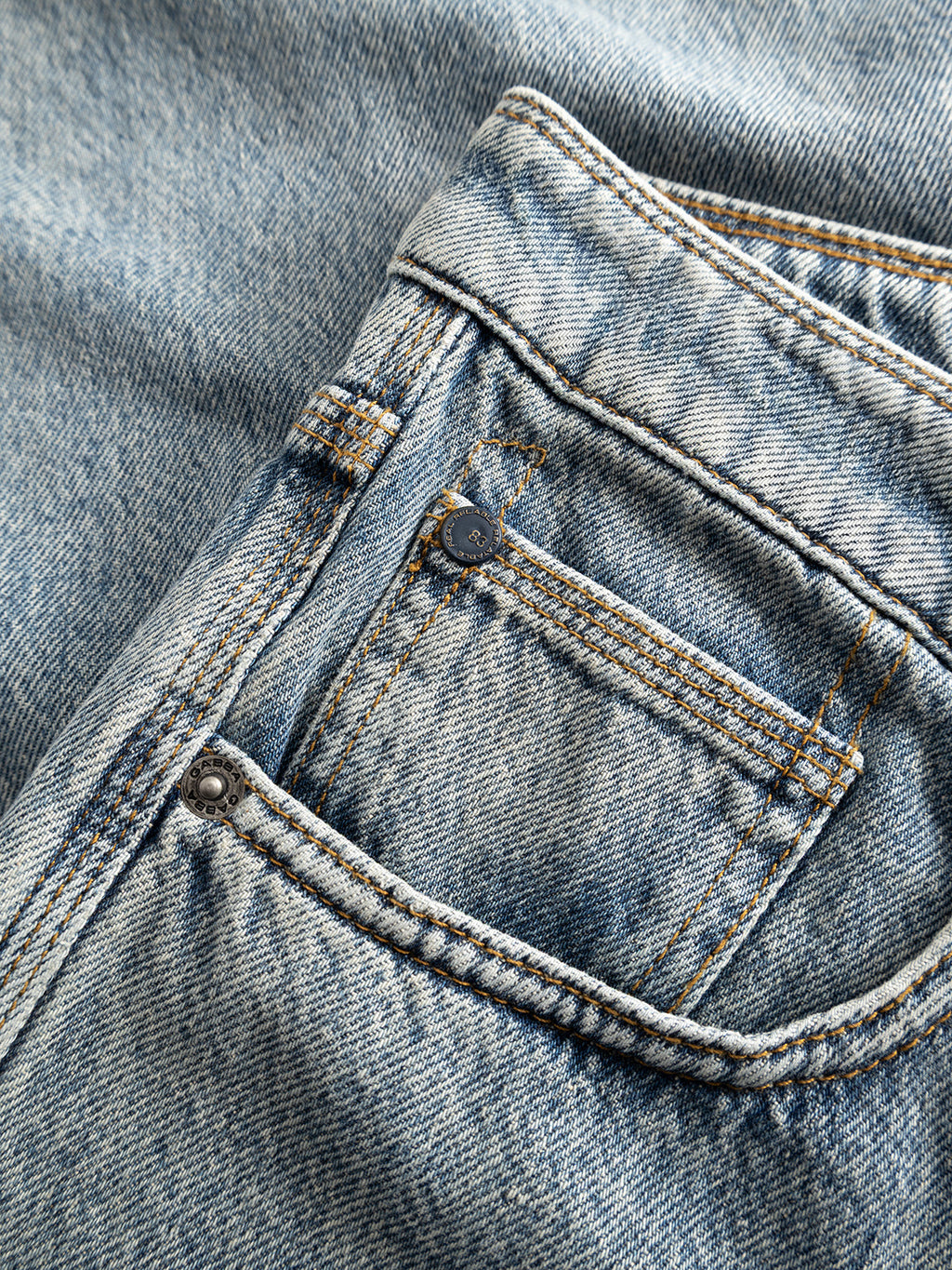 Close-up of a blue denim jeans pocket from the Gabba GABmax Tona RS2100 Jeans in Mid Blue Denim, featuring modern straight fit construction, detailed stitching, and a small coin pocket nestled inside the larger front pocket.