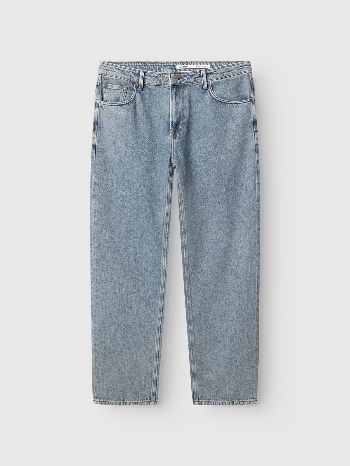GABmax Tona RS2100 Jeans by Gabba in mid blue denim, crafted from premium organic cotton with a modern straight fit, feature a classic five-pocket design, belt loops, and a button closure, displayed flat against a white background.