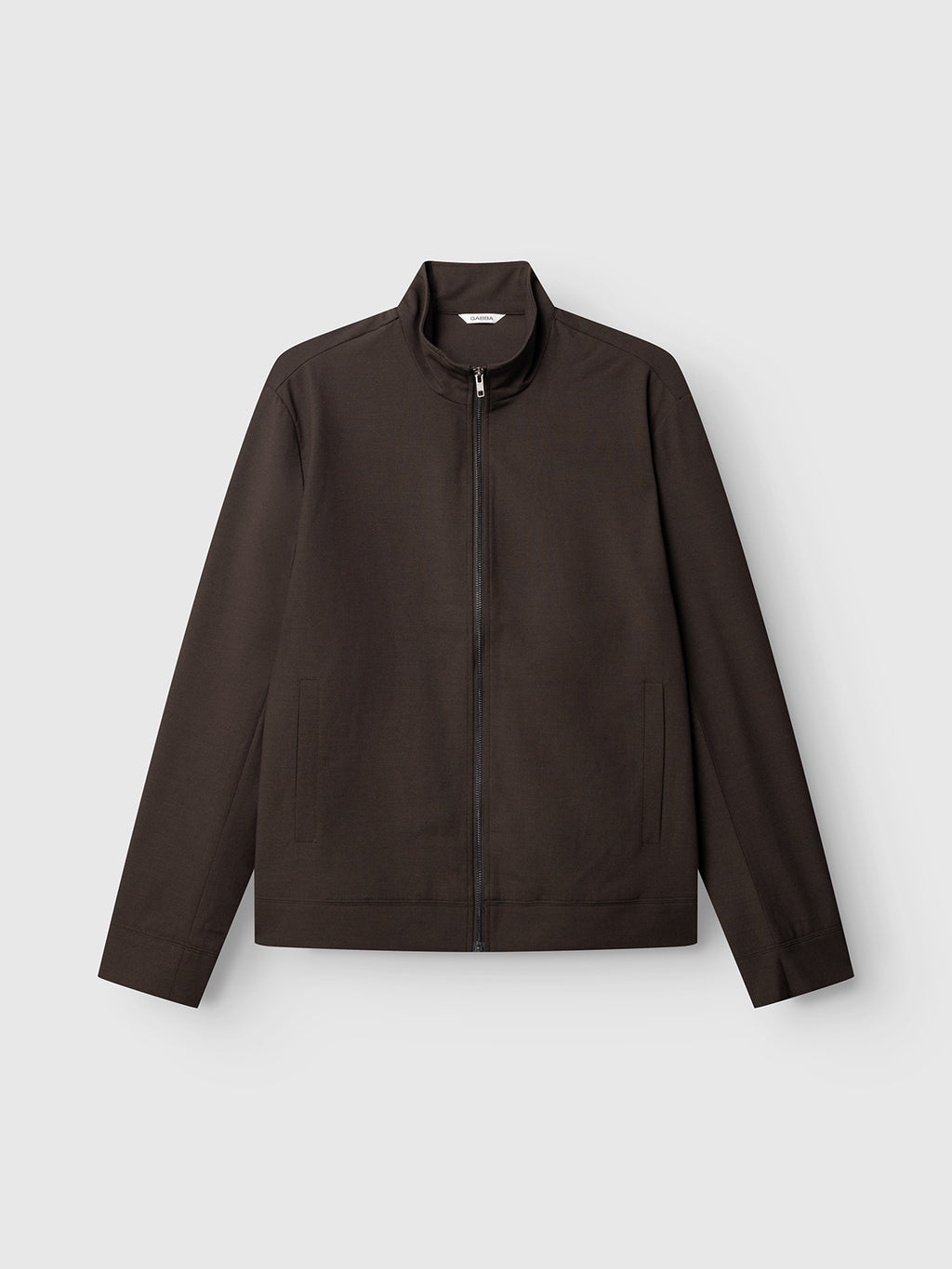 Introducing the Gabba GABnik Phin GRS - Brown Slate: a dark brown minimalist jacket crafted from a wool and viscose blend, featuring a stand collar, long sleeves, and slit pockets. Displayed against a plain light gray background, this modern outerwear piece is a versatile layering essential for any wardrobe.