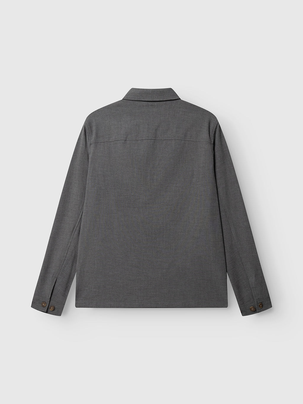 The GABtogger Push Phin LS Overshirt GRS in Dk. Grey by Gabba is shown from the back against a light gray background. Crafted from a wool-viscose blend, this long-sleeve overshirt features a clean design with a collar and buttoned cuffs, making it an essential layering piece for any wardrobe.