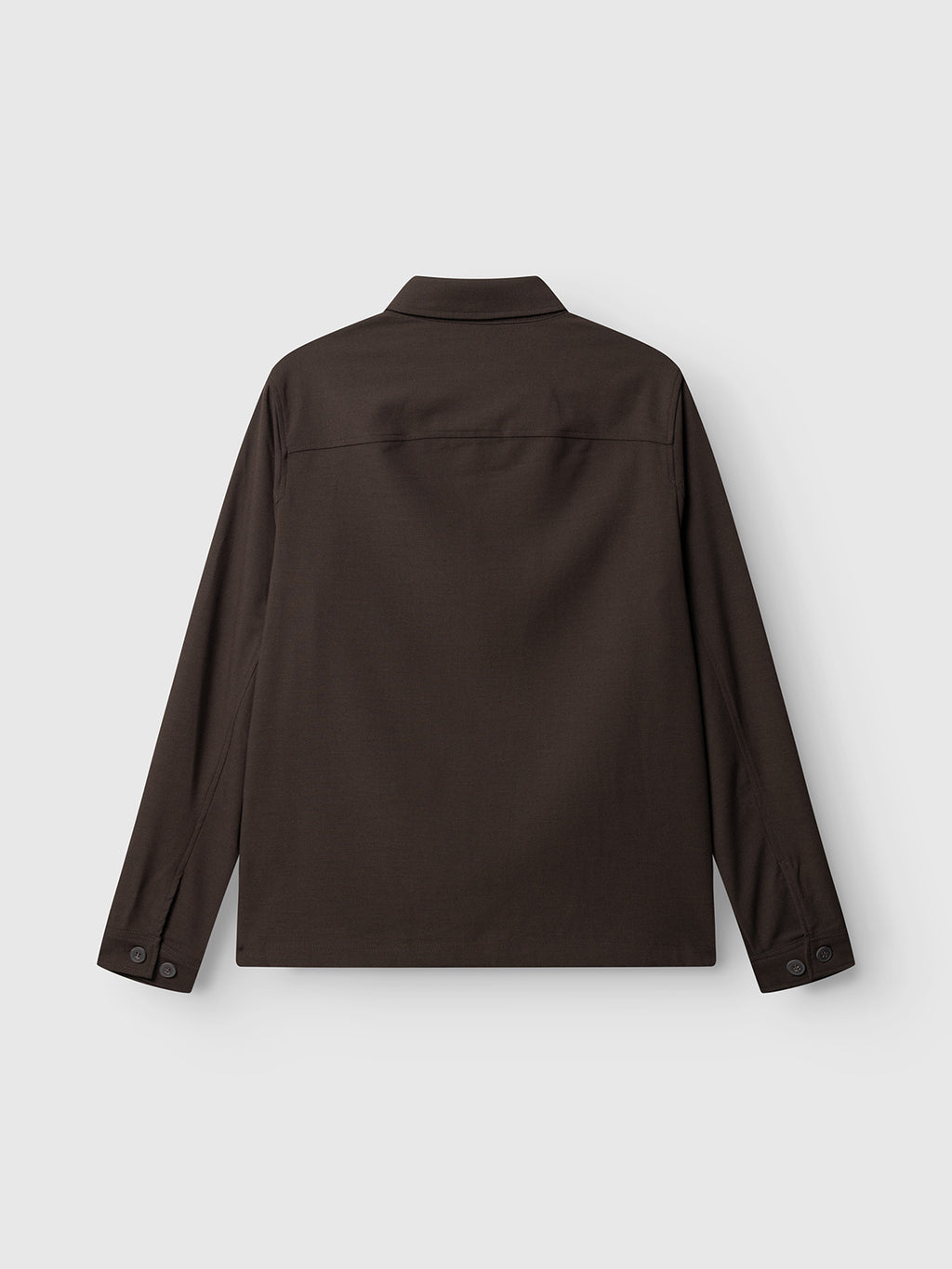 Back view of the Gabba GABtogger Push Phin LS Overshirt GRS in Brown Slate, a regular fit long-sleeve shirt with a collar and buttoned cuffs, crafted from a soft wool-viscose blend, laid flat on a plain light background.
