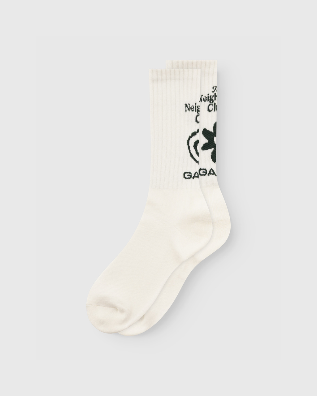 GABbrise Socks - White by Gabba: white cotton blend crew socks with black graphic text and designs near the top, subtle Gabba branding, shown on a light gray background.